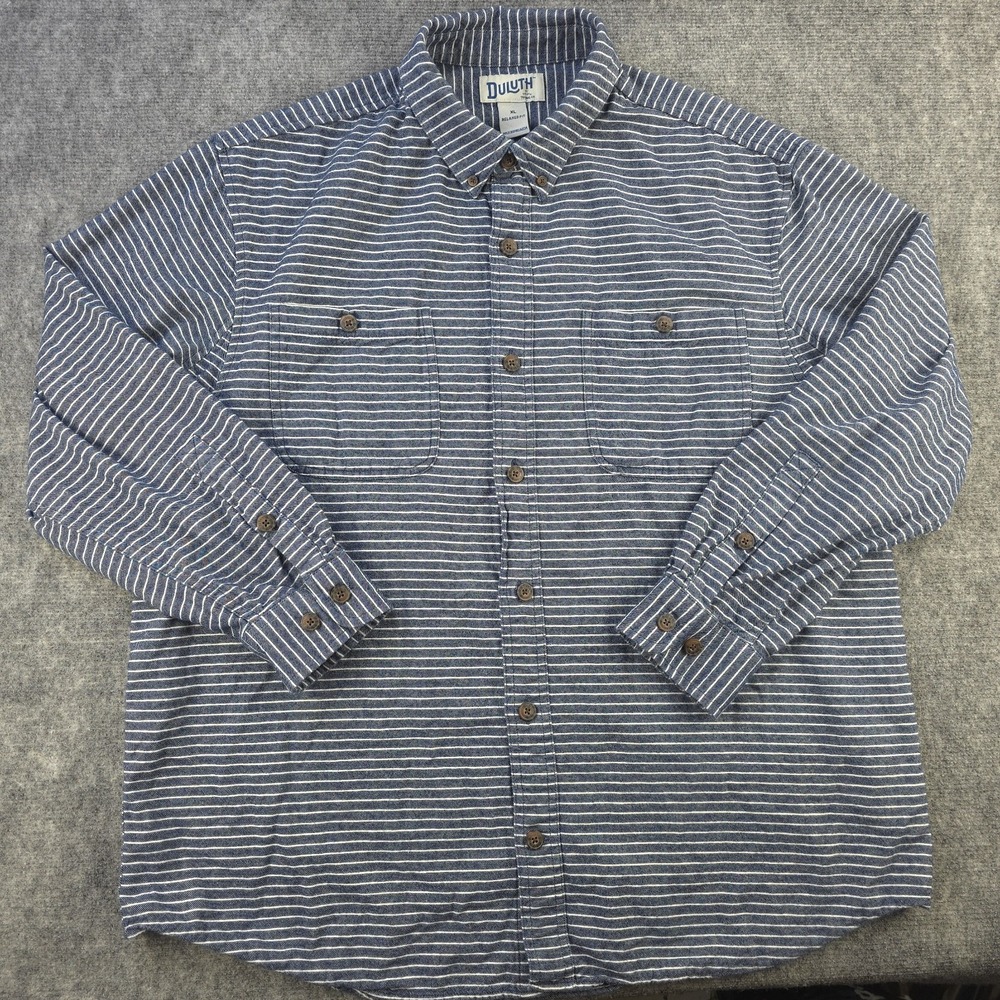 Duluth Shirt XL Relaxed Fit Long Sleeve Button Up Blue Striped Pockets Cotton‎